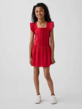 Vestido infantil de mangas con volantes y ribete de encaje