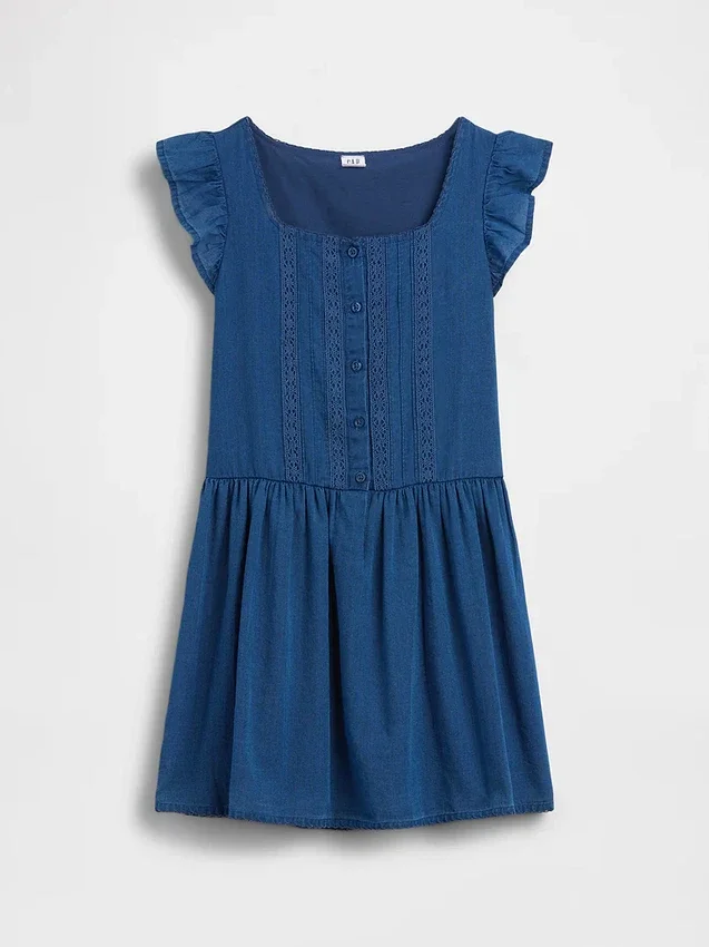Vestido infantil de mangas con volantes y ribete de encaje