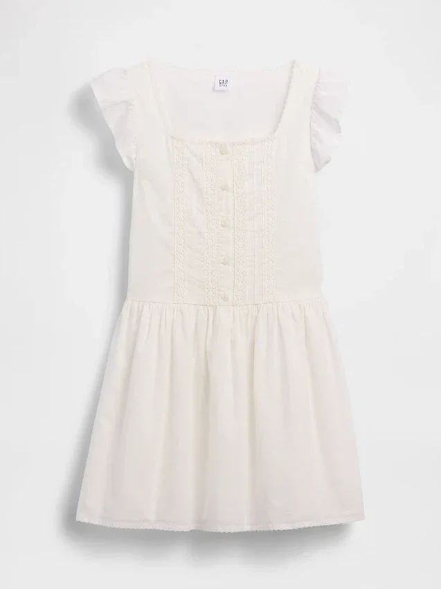 Vestido infantil de mangas con volantes y ribete de encaje