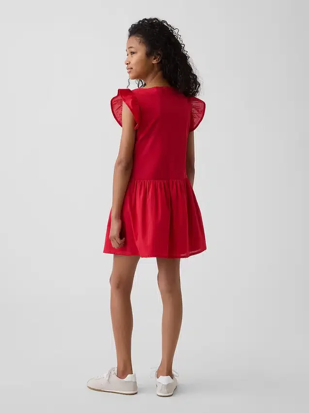Vestido infantil de mangas con volantes y ribete de encaje