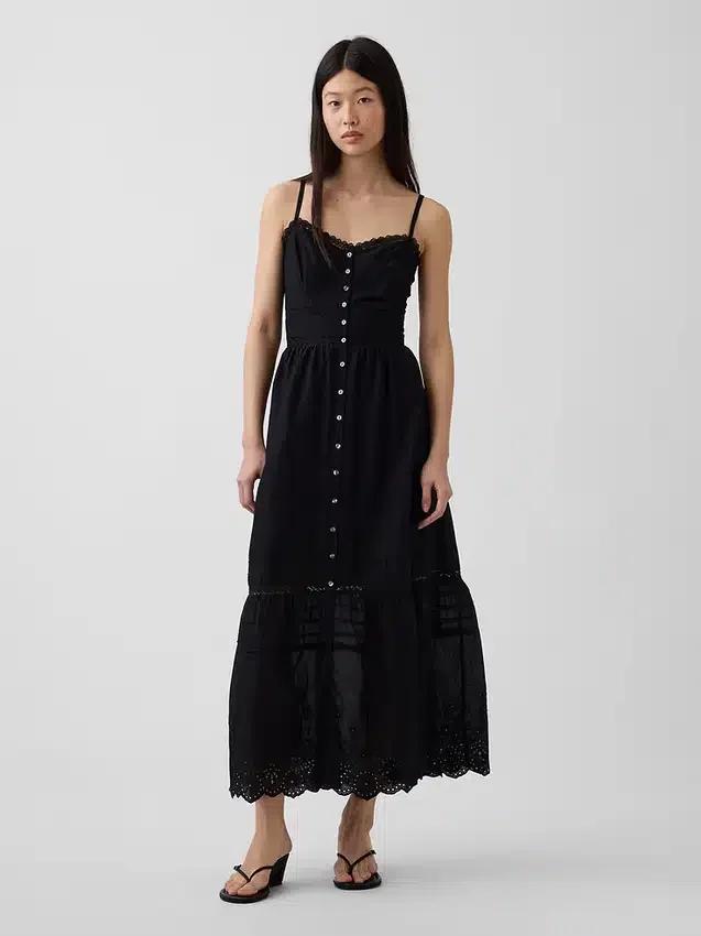Vestido largo con botones en el frente y ribete de encaje