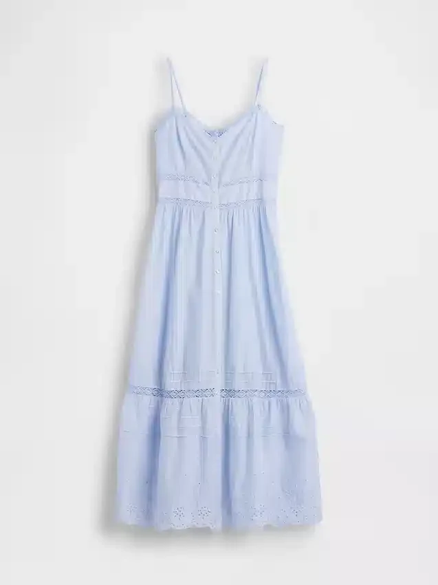 Vestido largo con botones en el frente y ribete de encaje