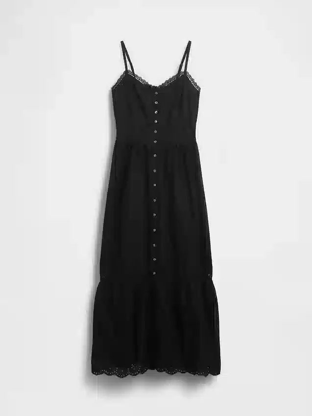Vestido largo con botones en el frente y ribete de encaje
