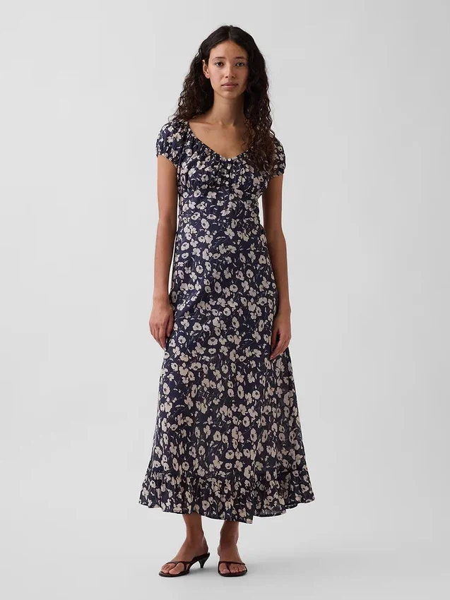 Vestido largo con cuello en V y dobladillo con volantes