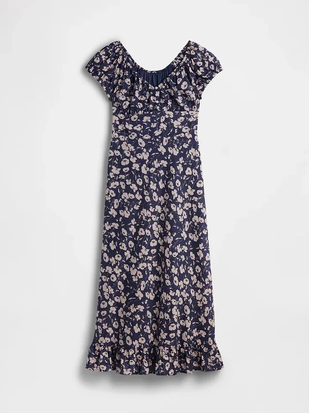 Vestido largo con cuello en V y dobladillo con volantes