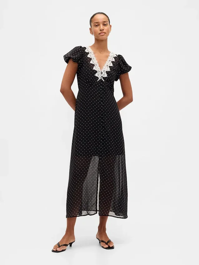 Vestido largo con cuello en V y ribete de encaje