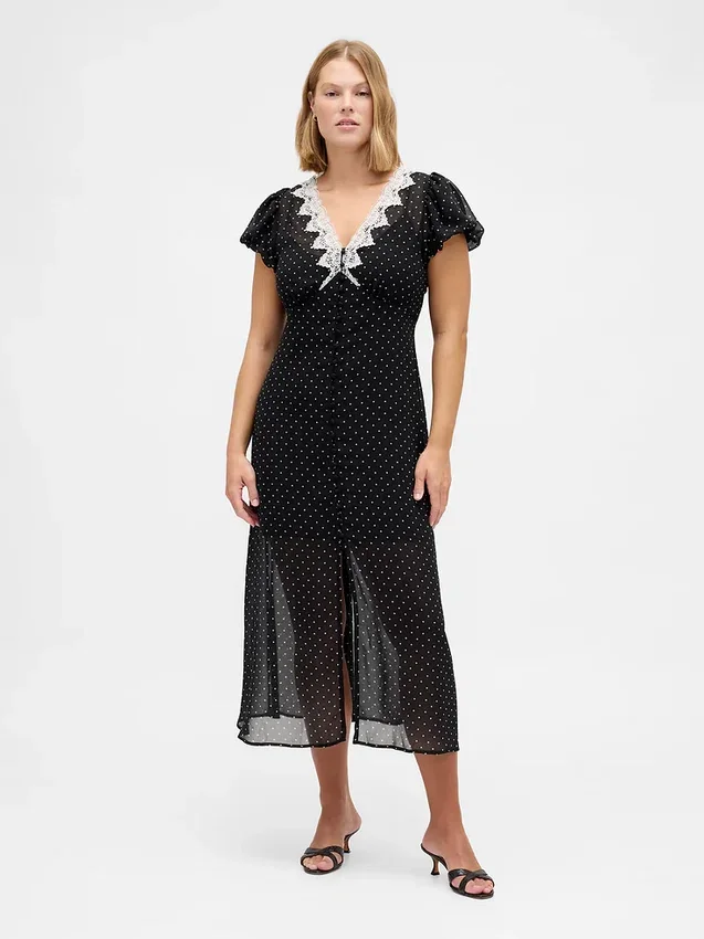 Vestido largo con cuello en V y ribete de encaje