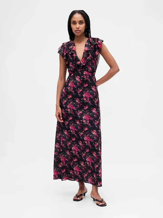 Vestido largo con cuello en V y volantes