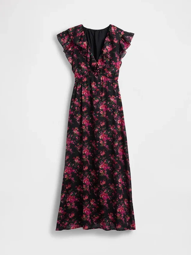 Vestido largo con cuello en V y volantes
