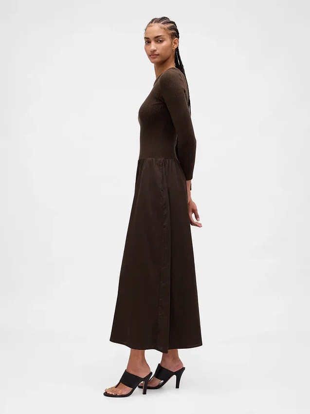 Vestido largo de cintura baja con mezcla de materiales