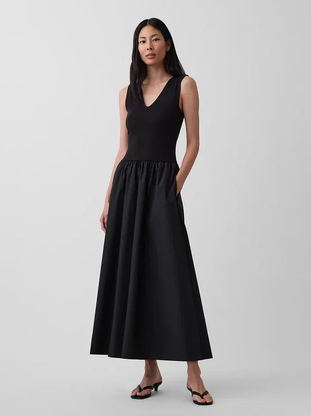 Vestido largo de cintura baja con mezcla de telas