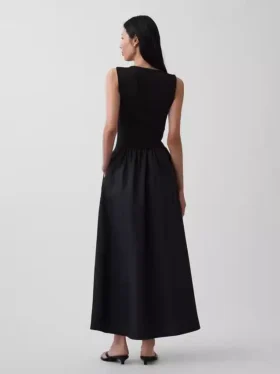Vestido largo de cintura baja con mezcla de telas