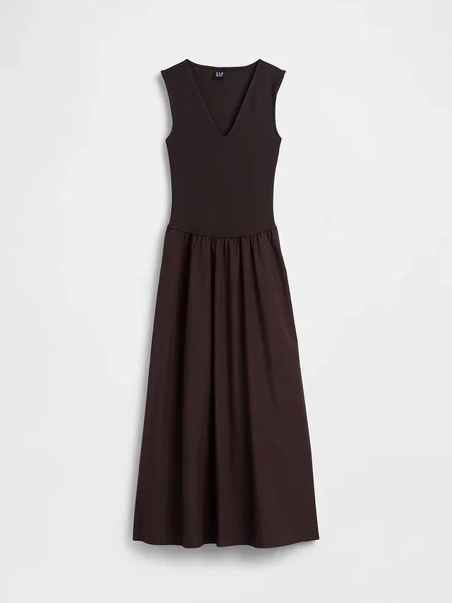 Vestido largo de cintura baja con mezcla de telas