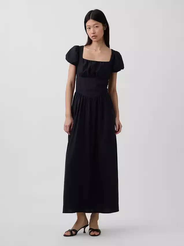Vestido largo de cintura baja en mezcla de lino