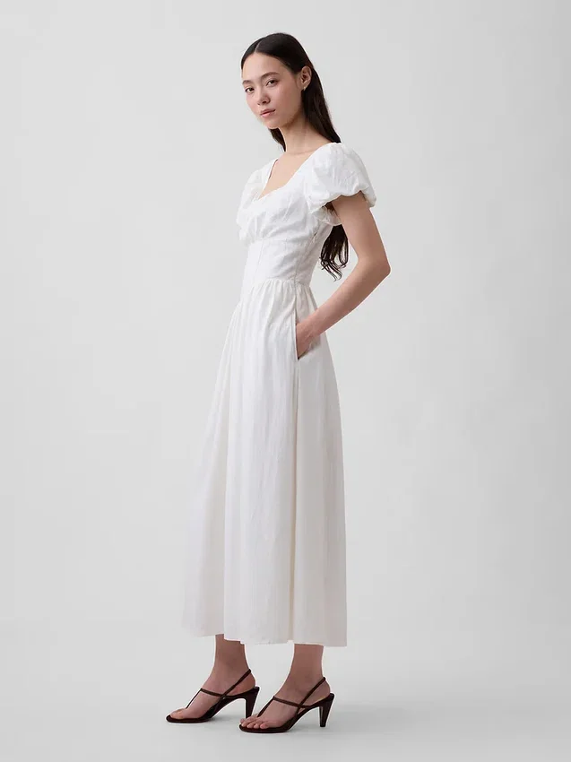 Vestido largo de cintura baja en mezcla de lino