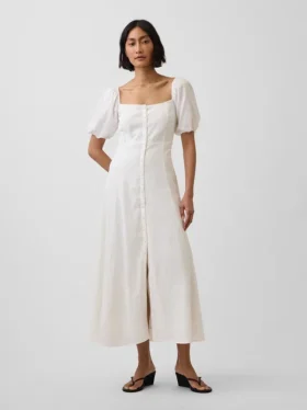Vestido largo de cintura imperio en mezcla de lino