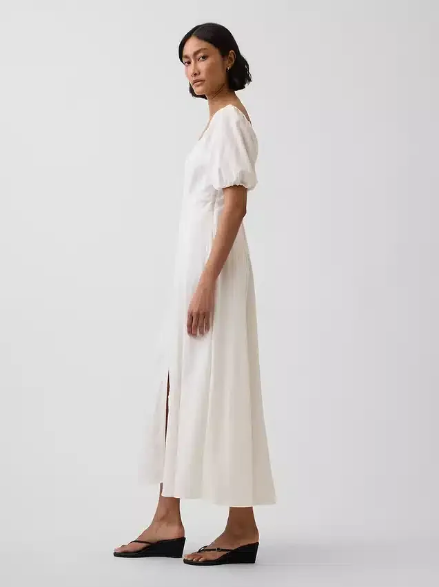 Vestido largo de cintura imperio en mezcla de lino