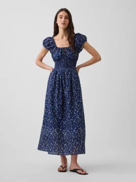 Vestido largo de gasa con cintura fruncida