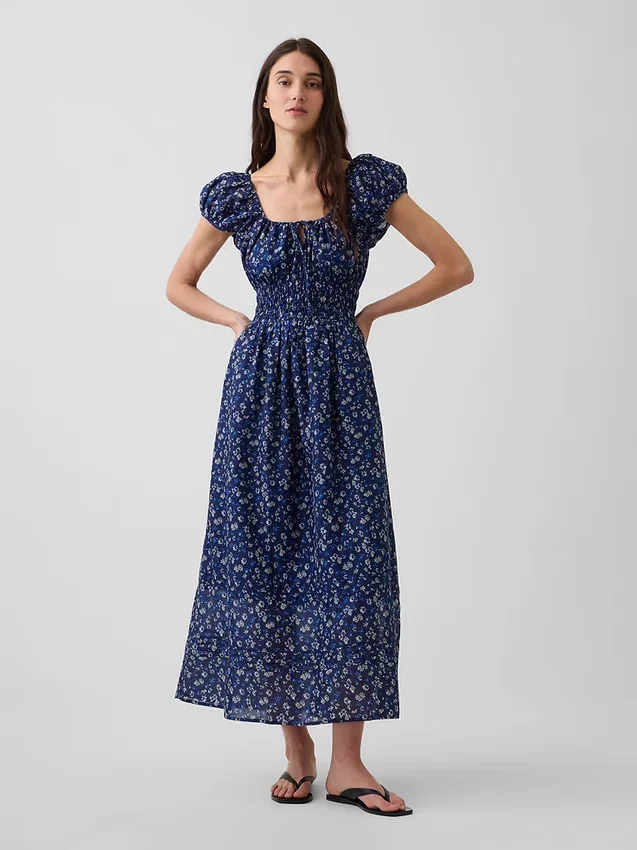 Vestido largo de gasa con cintura fruncida