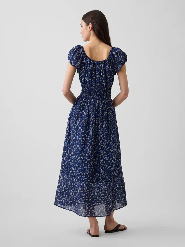 Vestido largo de gasa con cintura fruncida