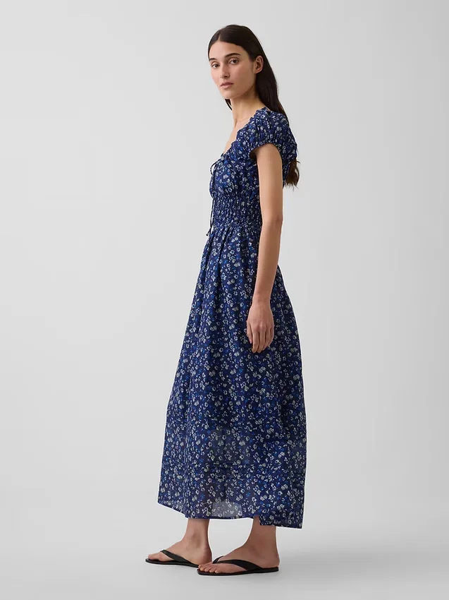 Vestido largo de gasa con cintura fruncida