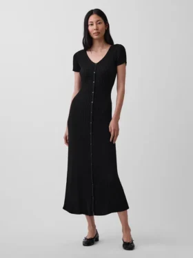 Vestido largo de jerséu acanalado con botones al frente