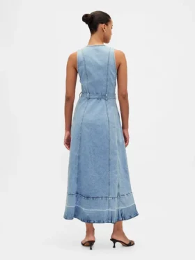 Vestido largo de mezclilla con cinturón para atar y botones en el frente