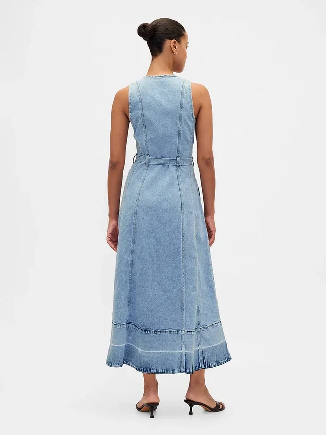 Vestido largo de mezclilla con cinturón para atar y botones en el frente