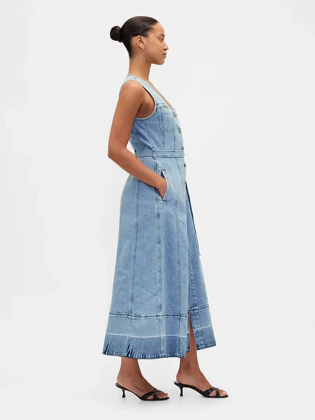 Vestido largo de mezclilla con cinturón para atar y botones en el frente