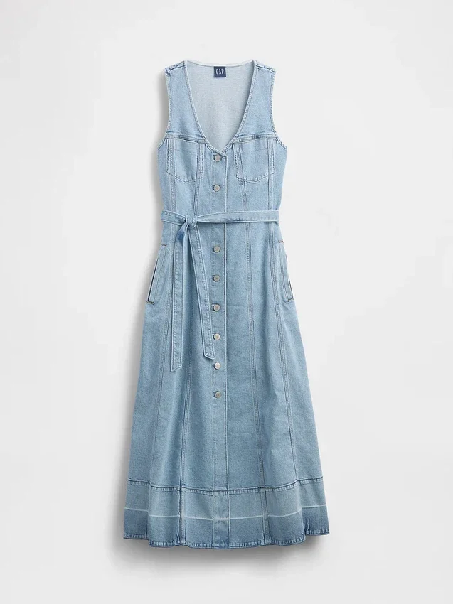Vestido largo de mezclilla con cinturón para atar y botones en el frente