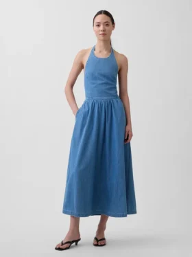 Vestido largo de mezclilla con cuello halter y lazo en la espalda