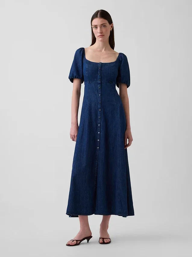Vestido largo de mezclilla con mangas abullonadas y cierre frontal con botones