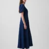 Vestido largo de mezclilla con mangas abullonadas y cierre frontal con botones
