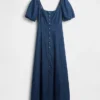 Vestido largo de mezclilla con mangas abullonadas y cierre frontal con botones