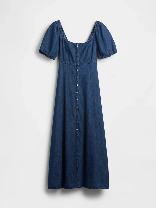 Vestido largo de mezclilla con mangas abullonadas y cierre frontal con botones