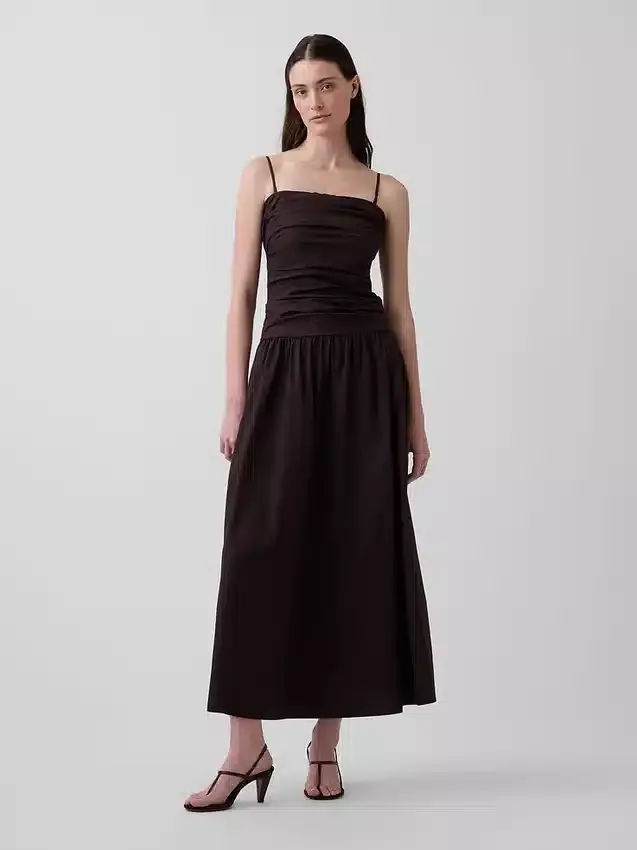 Vestido largo de popelín con cintura baja