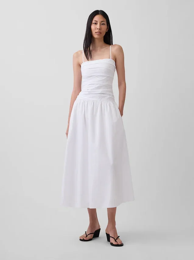 Vestido largo de popelín con cintura baja