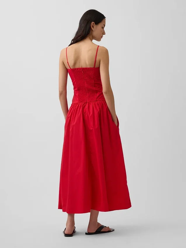 Vestido largo de popelín con cintura baja