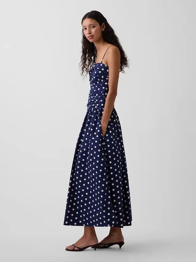 Vestido largo de popelín con cintura baja