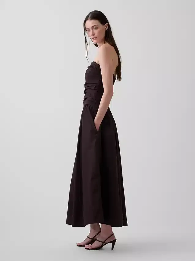 Vestido largo de popelín con cintura baja