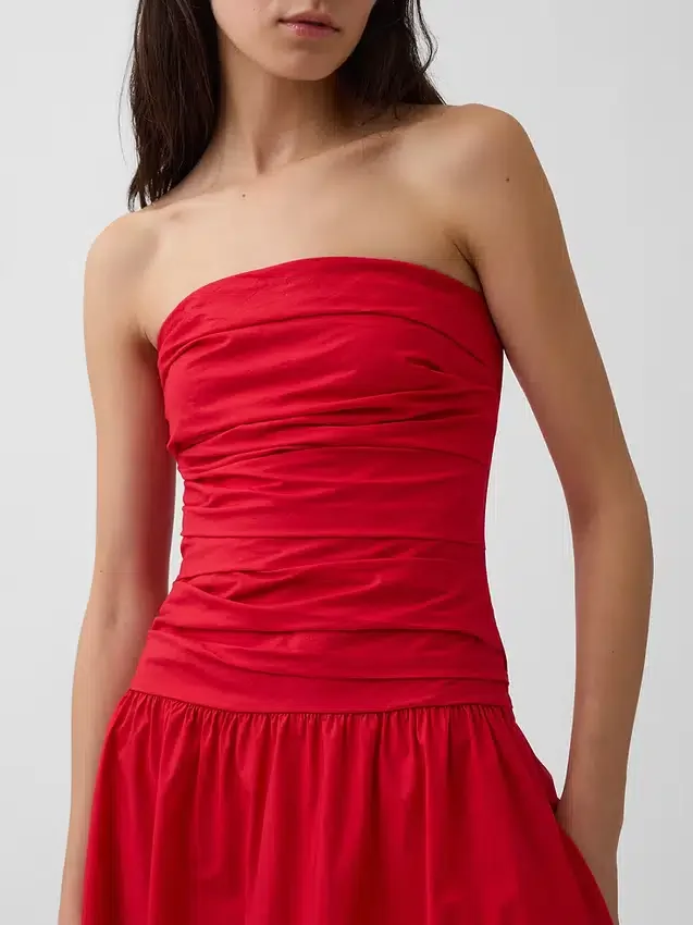 Vestido largo de popelín con cintura baja