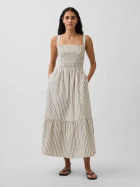 Vestido largo de popelín con corpiño fruncido