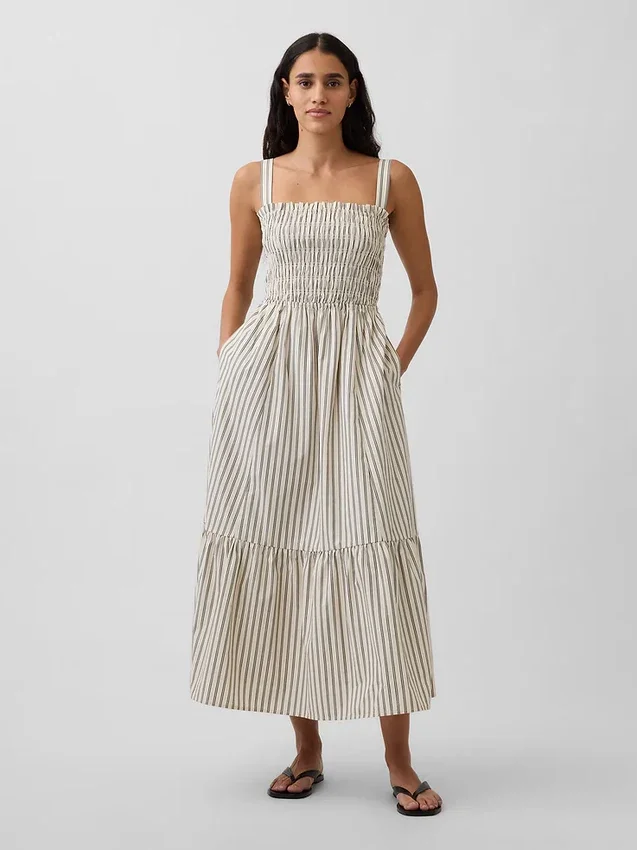 Vestido largo de popelín con corpiño fruncido