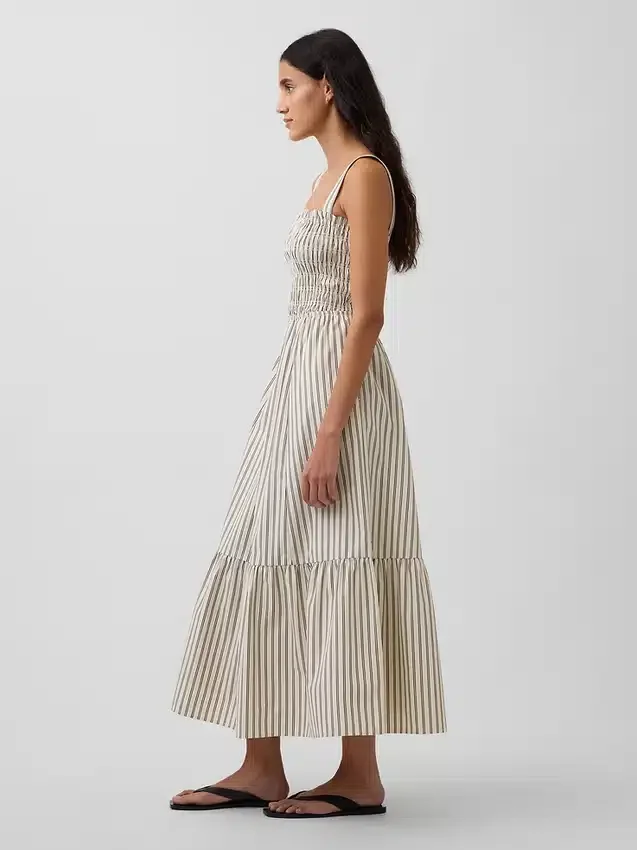 Vestido largo de popelín con corpiño fruncido