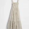Vestido largo de popelín con corpiño fruncido