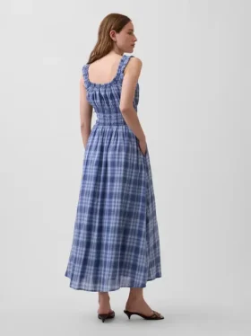 Vestido largo de voile a cuadros con cintura fruncida