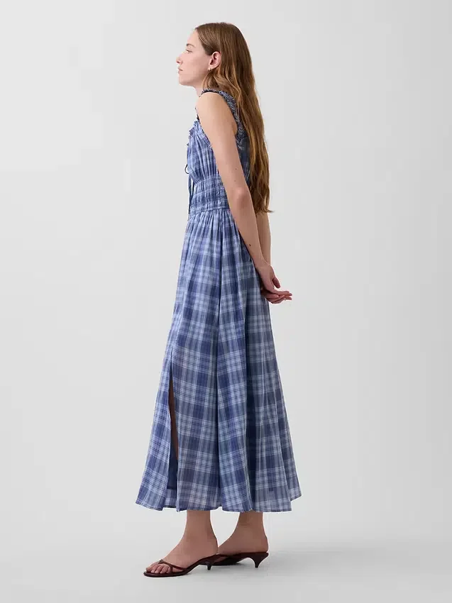 Vestido largo de voile a cuadros con cintura fruncida