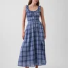 Vestido largo de voile a cuadros con cintura fruncida