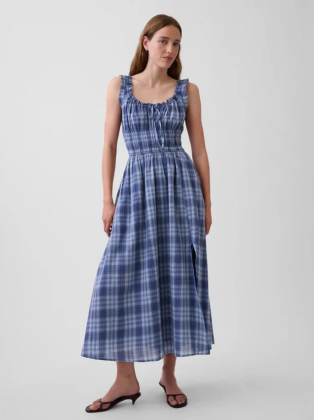 Vestido largo de voile a cuadros con cintura fruncida