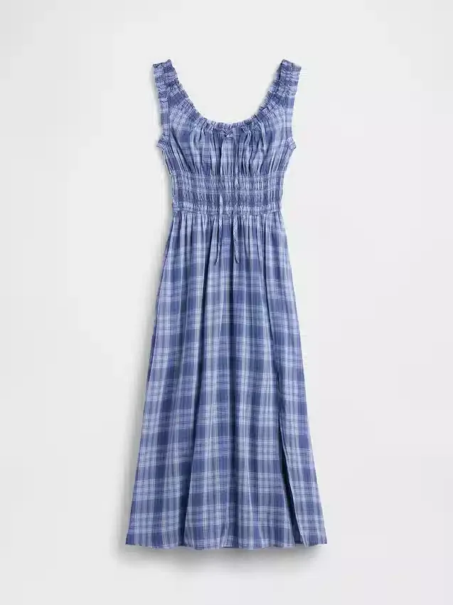 Vestido largo de voile a cuadros con cintura fruncida